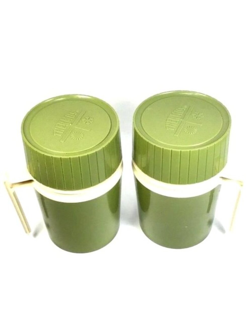 Vintage Thermos Set of 2 Green White Handles Insulated Cups Lids Retro Camping